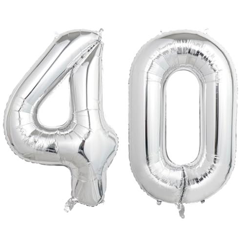 SINBEE 40 Inch Silver 40 Number Balloons Giant Jumbo Helium Mylar Foil Silver Number Balloons for Birthday Silver Mylar Digital Balloons for 40th Birthday Anniversary Party Decorations Supplies - Image 1