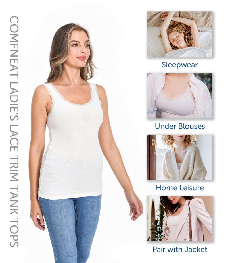 Comfneat Women's 3-Pack Sleepwear Lace Trim Tank Tops Stretchy Undershirts (White 3-Pack, L) - Image 3
