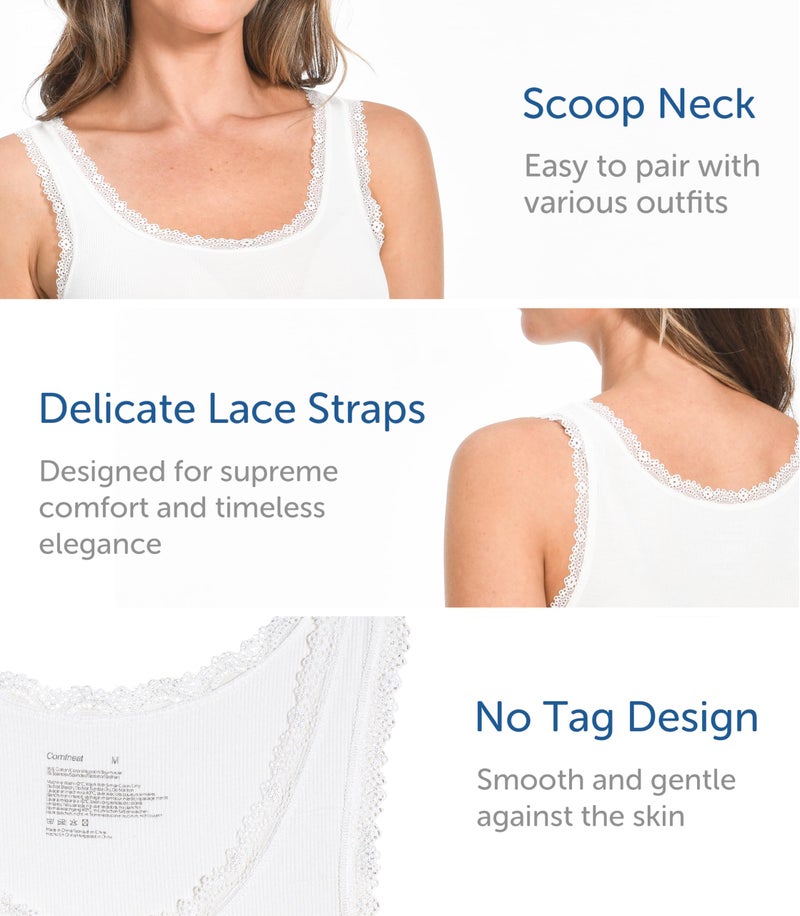 Comfneat Women's 3-Pack Sleepwear Lace Trim Tank Tops Stretchy Undershirts (White 3-Pack, L) - Image 5