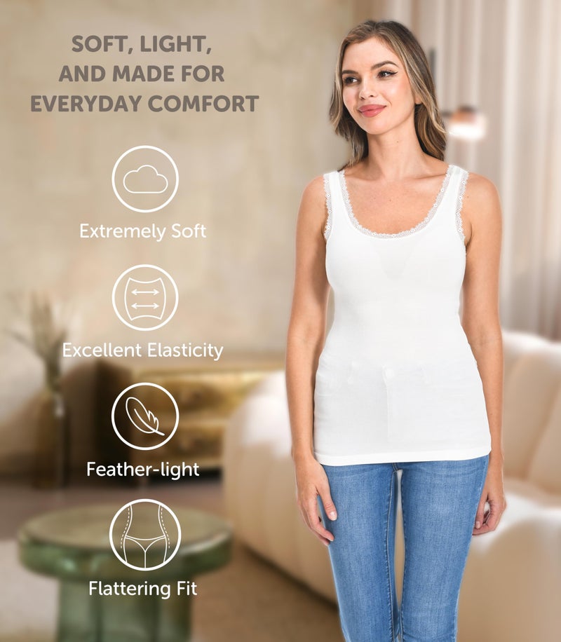 Comfneat Women's 3-Pack Sleepwear Lace Trim Tank Tops Stretchy Undershirts (White 3-Pack, L) - Image 2
