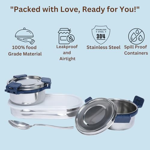 KOI Stainless Steel Lunch Box Set with Insulated Bag | 2 Round Containers (450 ml Each) + 1 Oval Container (500 ml) | Leakproof Airtight Food Grade Tiffin with Spoon for Office School & Travel (Blue) - Image 4