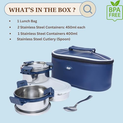 KOI Stainless Steel Lunch Box Set with Insulated Bag | 2 Round Containers (450 ml Each) + 1 Oval Container (500 ml) | Leakproof Airtight Food Grade Tiffin with Spoon for Office School & Travel (Blue) - Image 3