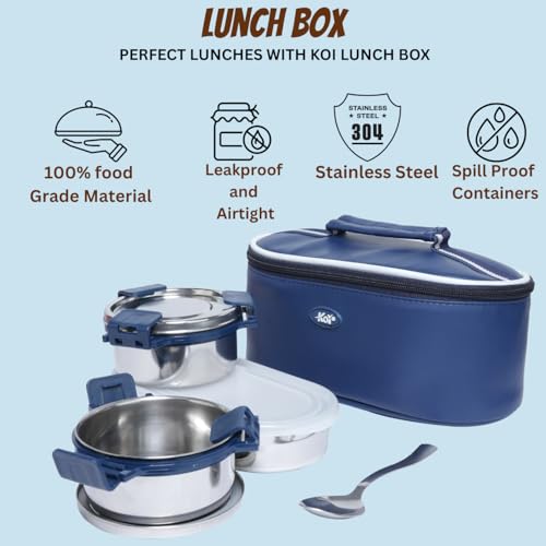 KOI Stainless Steel Lunch Box Set with Insulated Bag | 2 Round Containers (450 ml Each) + 1 Oval Container (500 ml) | Leakproof Airtight Food Grade Tiffin with Spoon for Office School & Travel (Blue) - Image 2
