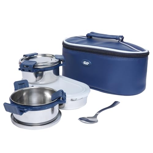 KOI Stainless Steel Lunch Box Set with Insulated Bag | 2 Round Containers (450 ml Each) + 1 Oval Container (500 ml) | Leakproof Airtight Food Grade Tiffin with Spoon for Office School & Travel (Blue) - Image 1