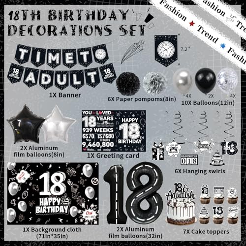 PARTY TONIGHT 18th Birthday Party Supplies Black 18th Birthday Decorations for Boys And Girls Include 18th Birthday Cake Topper Time To Adult Banner Background Balloons Happy 18 Year Old Birthday Decorations - Image 5