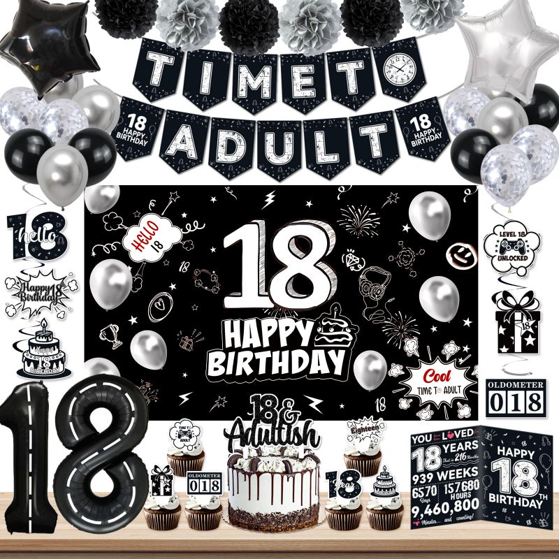 PARTY TONIGHT 18th Birthday Party Supplies Black 18th Birthday Decorations for Boys And Girls Include 18th Birthday Cake Topper Time To Adult Banner Background Balloons Happy 18 Year Old Birthday Decorations - Image 3