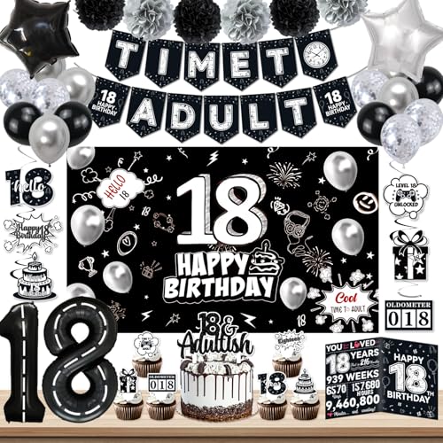 PARTY TONIGHT 18th Birthday Party Supplies Black 18th Birthday Decorations for Boys And Girls Include 18th Birthday Cake Topper Time To Adult Banner Background Balloons Happy 18 Year Old Birthday Decorations - Image 1