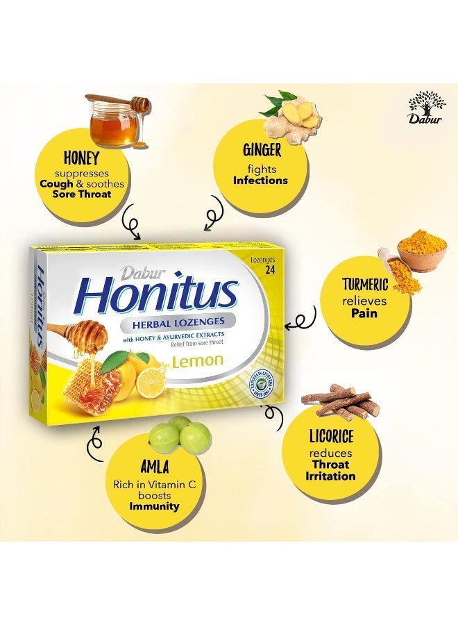 Dabur Honitus Herbal Lemon Flavor 24 Lozenges Effective Relief From Cough, Strep Infection And Sore Throat Pain - Image 4