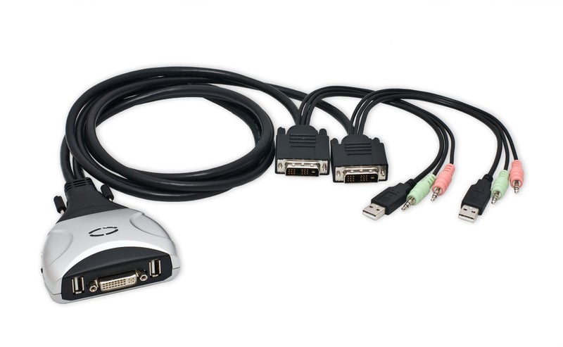 Syba 2 Port KVM Switch 1920 X 1200 - DVI W/ Audio and USB 2.0 Hub – Display/ Screen KVM Switch - DVI 3.9 ft Cables - Image 1