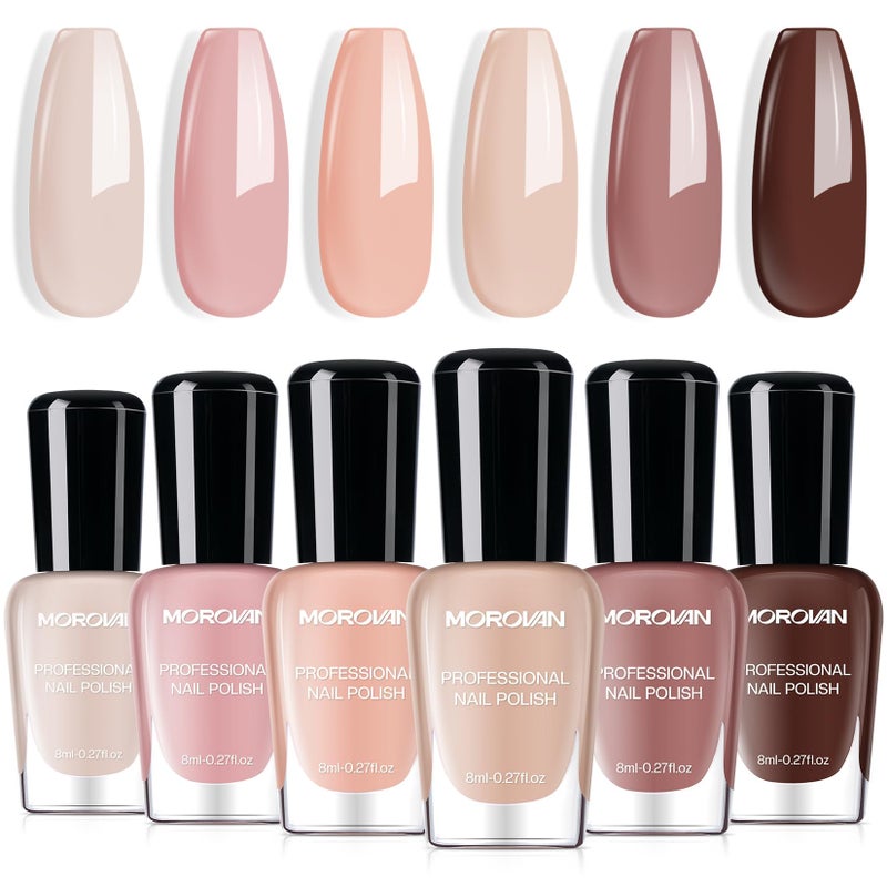 Morovan Nude Nail Polish Set: 6PC Neutral Pink Milky Skin Color Nail Polish Kit Pale Beige Cream Taupe Tan Brown Natural Mini Summer Manicurist Beautify Women Girls Gift - Image 1