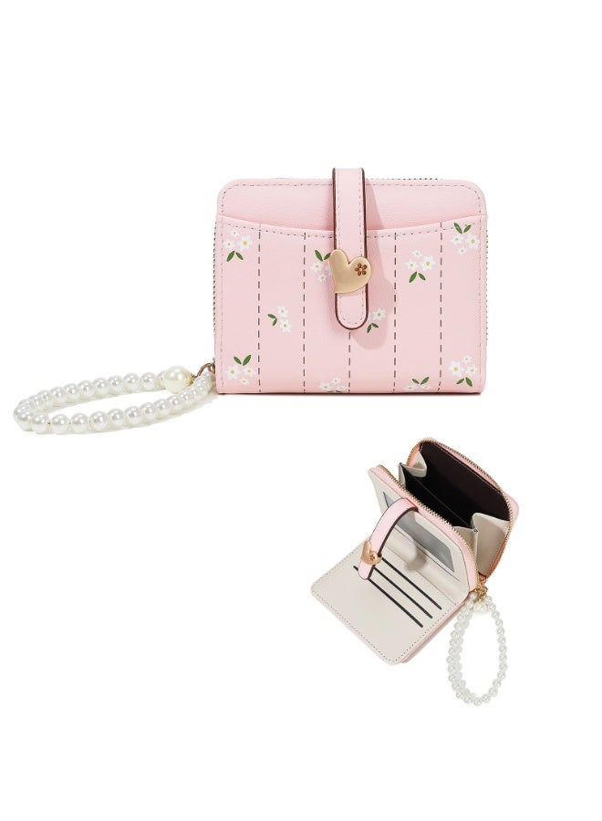Women's Short Wallet with Pearl Wrist Strap - PU Leather Floral Card Holder with Zipper Coin Pocket and Snap Closure