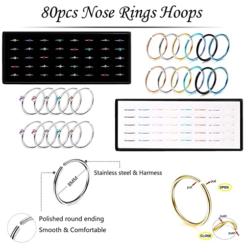 NewCraft 4 Sets 200 Pcs Nose Rings Studs and Nose Rings Hoops, Straight Shaped Surgical Stainless Steel Hypoallergenic Nose Piercing Jewelry for Women Men and Ideal Gift - Image 4