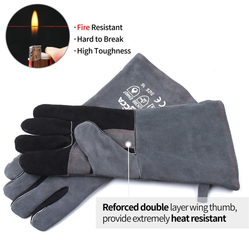 RAPICCA Fireplace Gloves Fire Heat Resistant: Grey 16IN - Fireproof Leather for Fireplace Fire pit Wood stove Campfire Furnace BBQ Grill Stick Mig Welding Welder Gear - one size 662℉ - Image 5