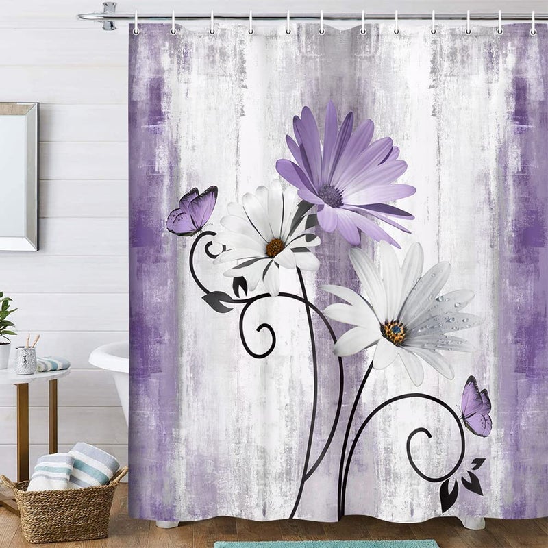 VeiVian Rustic Farmhouse Shower Curtain Farm Purple Daisy Floral Flowers and Butterfly on Country Wooden Shower Curtain for Bathroom Violet Grey Bathroom Shower Curtains with 12PCS Hooks 70X70IN