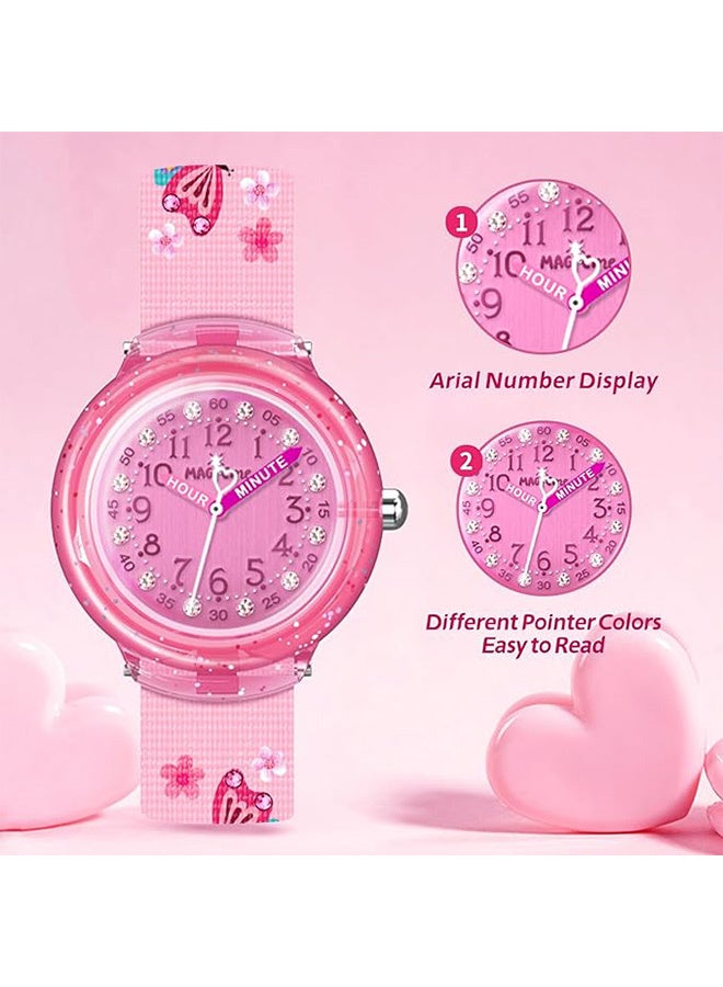 ساعة يد قماشية للبنات بتصميم فراشة، تعمل بنظام كوارتز تناظري، مزينة بطبعة حيوانات كرتونية. - Image 2