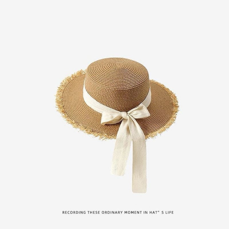 New French Flat Top Hat for Women - Large Size Beach Holiday Sun Hat with Wide Brim