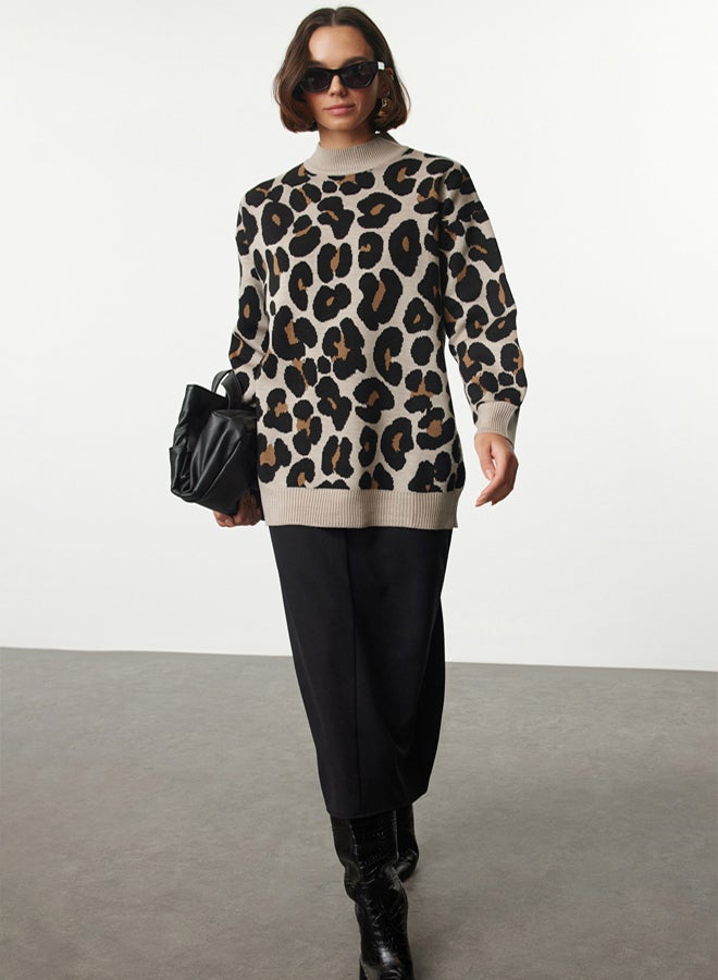 trendyol Leopard Patterned Beige Knitwear Sweater - Image 1