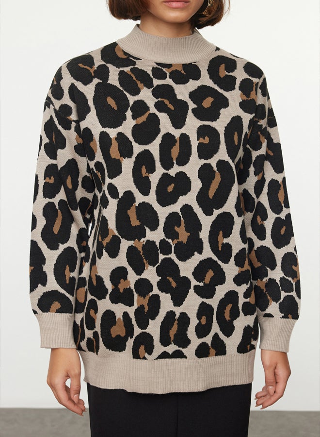 trendyol Leopard Patterned Beige Knitwear Sweater - Image 3