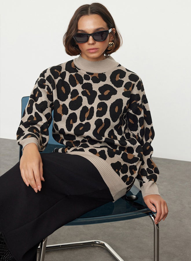 trendyol Leopard Patterned Beige Knitwear Sweater - Image 2