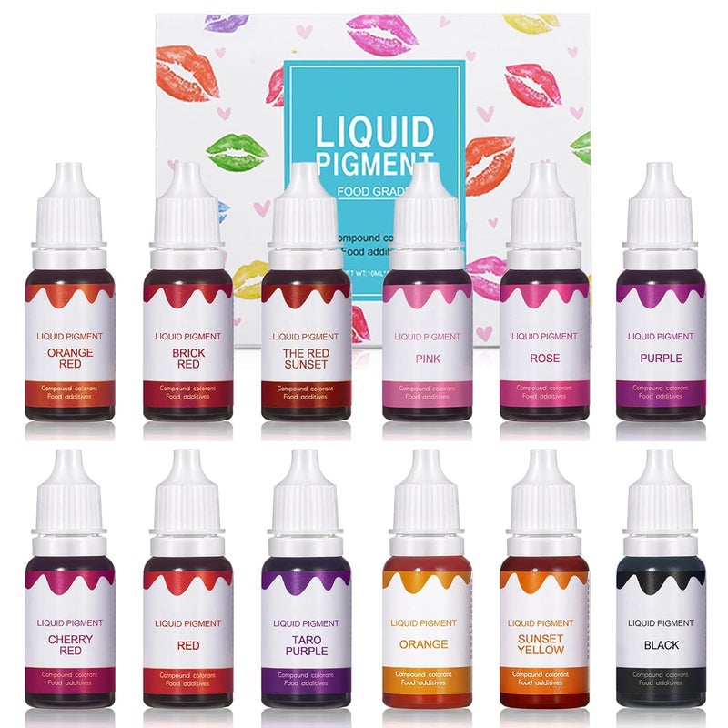 QIUFSSE 12 Colors DIY Lip Gloss Pigment SetLiquid Pigment for Lip Gloss Natural Multifunctional High Color Rendering Red Warm Color Pigment for Lip Gloss MakingSet A