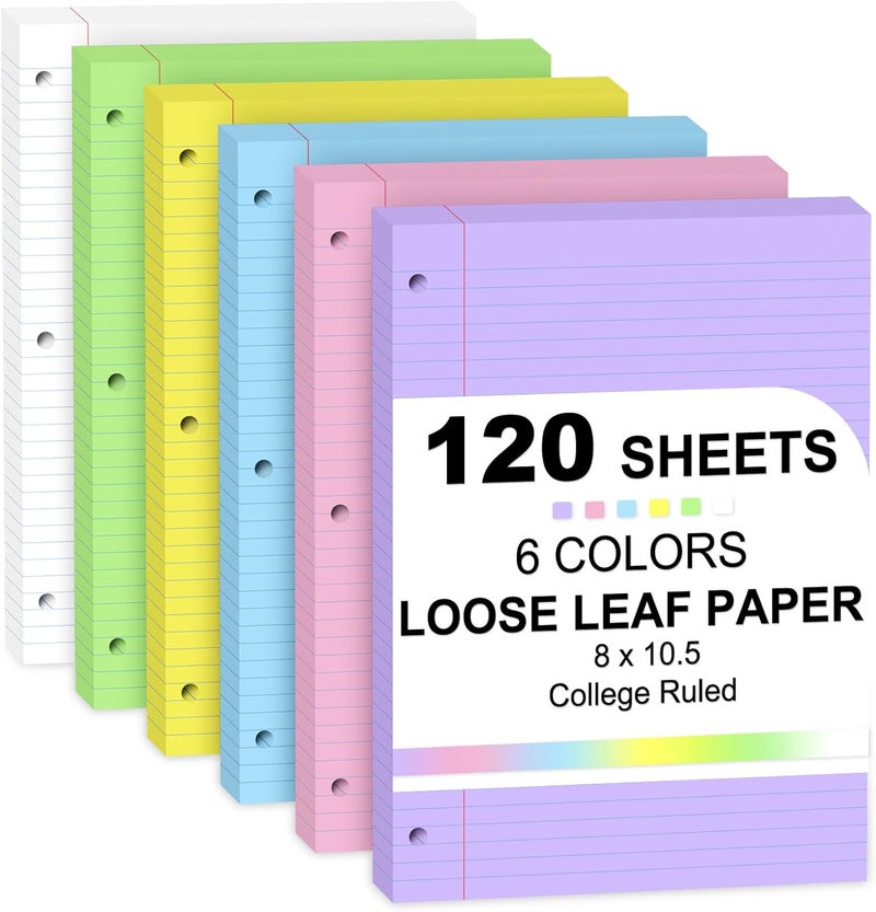 PINJINGPRO ورق من نوع Loose Leaf، مقاس 8 بوصة × 10.5 بوصة، ملون، 120 ورقة، مثقوب بثلاث ثقوب، مزود بخطوط تنظيمية، مناسب لدفاتر الملاحظات، ورق للملء، مناسب لمجلدات ذات ثلاث حلقات، مناسب لمستلزمات المنزل والمكتب والمدرسة. - Image 1