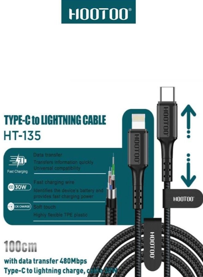 HooToo iphone charger cable Type C charging cable with 30W power. iPhone Lightning connector with fast charging support. Fabric backed, tear resistant iphone cable. 1 meter lightning cable charging cable. type c to lightning compatible with iPhone 14, 13, 12, 11, X, XR, 8, and 7. - Image 2