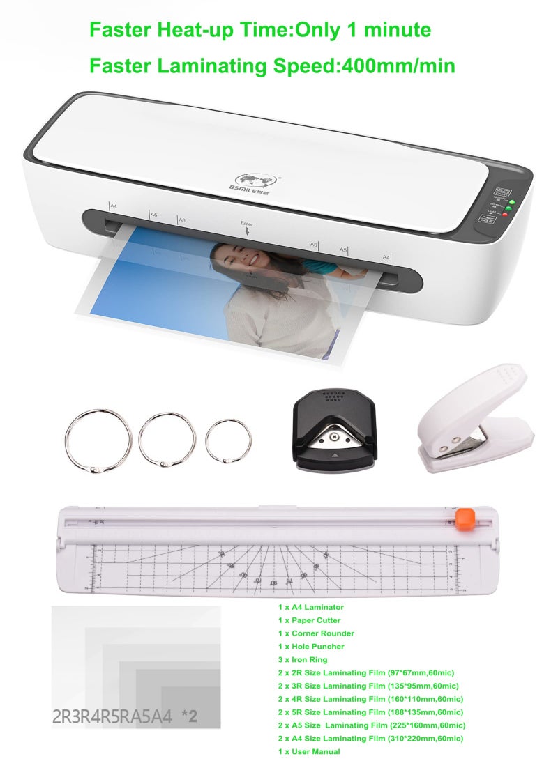 OSMILE Upgraded 1 Min Fastest Warm-Up  Laminating Machine, 9 Inch for A4/A5/A6 Laminator Machine,9 in 1 Thermal Laminator for Home Office School Use，Paper Trimmer,Corner Rounder (With Laminating Pouches) - Image 2