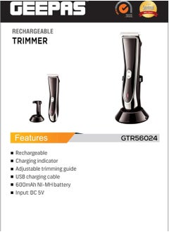 GEEPAS Geepas-Rechargeable Trimmer, Adjustable Trimming Guide, GTR56024 | Cordless Trimmer for Men's Beard | Charging Indicators | Hair Clipper & Beard Stubble Trimmer Kit  - Image 4