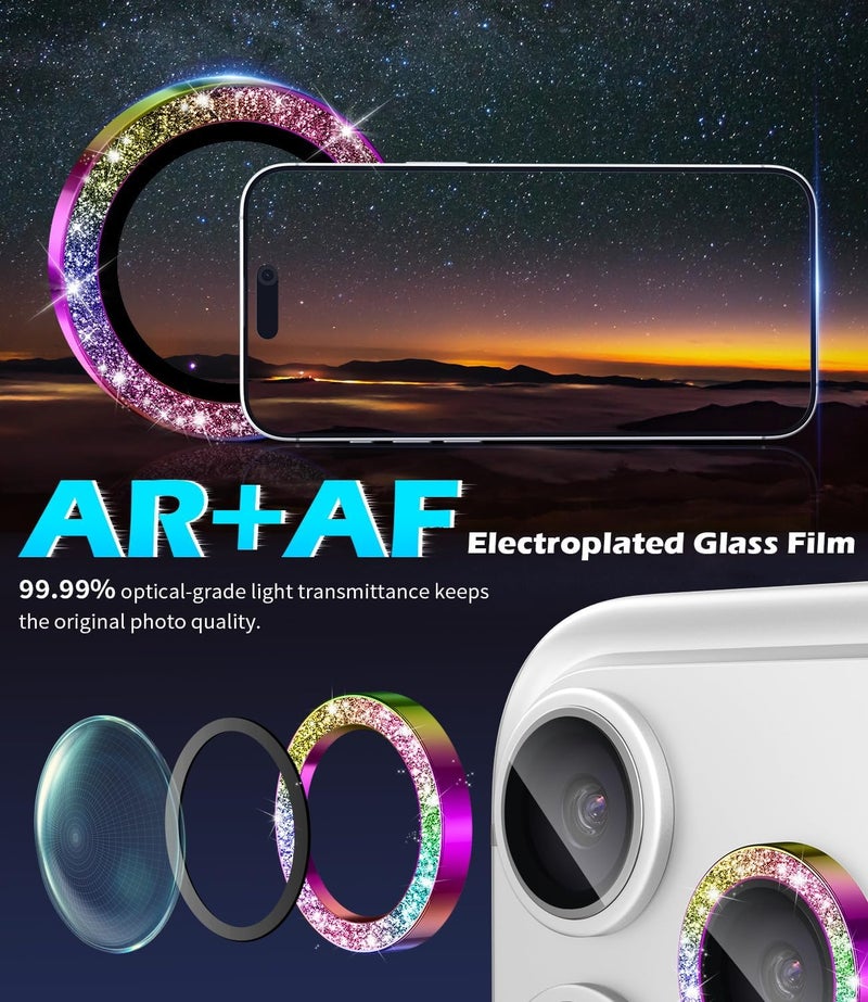 imluckies Camera Lens Protector for iPhone 17 Pro/iPhone 17 Pro Max, AR+AF Tempered Glass & 9H Hardness Shatterproof, HD Clear Metal Sparkle Lens Cover with Installation Tray 2025, Bling Colourful - Image 4