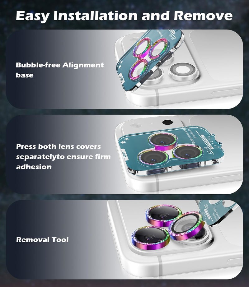 imluckies Camera Lens Protector for iPhone 17 Pro/iPhone 17 Pro Max, AR+AF Tempered Glass & 9H Hardness Shatterproof, HD Clear Metal Sparkle Lens Cover with Installation Tray 2025, Bling Colourful - Image 5
