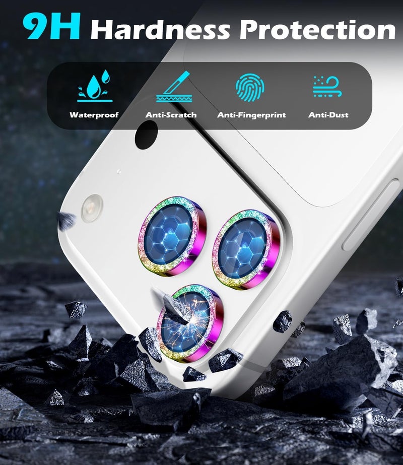 imluckies Camera Lens Protector for iPhone 17 Pro/iPhone 17 Pro Max, AR+AF Tempered Glass & 9H Hardness Shatterproof, HD Clear Metal Sparkle Lens Cover with Installation Tray 2025, Bling Colourful - Image 3