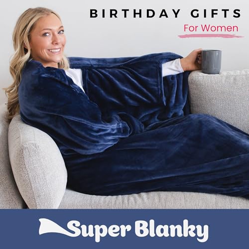 Super Blanky بطانية سوبر بلانكي القابلة للارتداء للنساء، بطانية قابلة للارتداء للرجال، هدايا عيد الميلاد للنساء، هدايا عيد ميلاد مريحة لصديقتك، أفكار هدايا عيد ميلاد للزوجة، بطانية بأكمام - أزرق نجمي - Image 2
