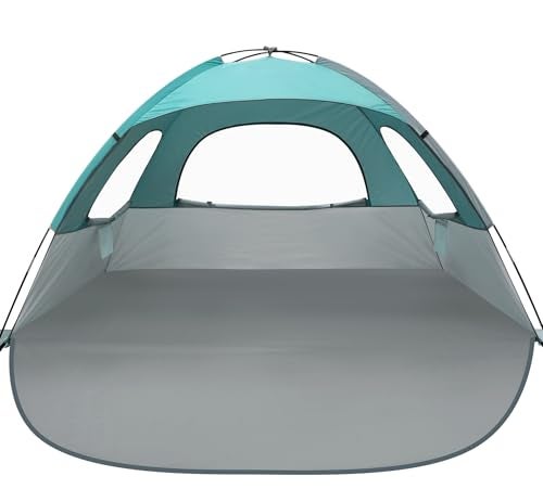 WhiteFang Beach Tent AntiUV Portable Sun Shade Shelter for 3 Person Extendable Floor with 3 Ventilating Mesh Windows Plus Carrying Bag Stakes and Guy Lines Mint Beige - Image 1