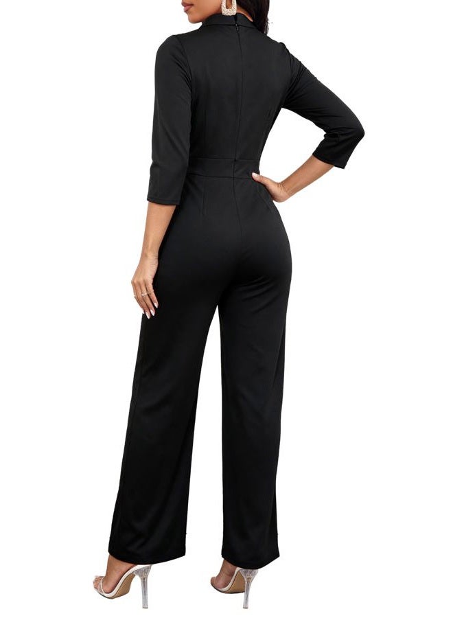 Yiershu Jumpsuits for women Elegant Jumpsuits V Neck 3/4 Sleeve Straight Belted Long Pants Business Suits Set with Pockets, Black, XXL - Image 2