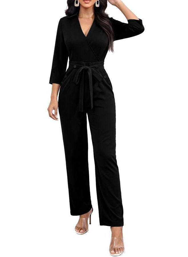 Yiershu Jumpsuits for women Elegant Jumpsuits V Neck 3/4 Sleeve Straight Belted Long Pants Business Suits Set with Pockets, Black, XXL - Image 1