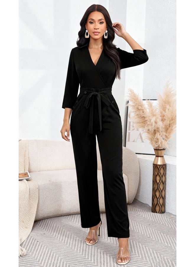 Yiershu Jumpsuits for women Elegant Jumpsuits V Neck 3/4 Sleeve Straight Belted Long Pants Business Suits Set with Pockets, Black, XXL - Image 3