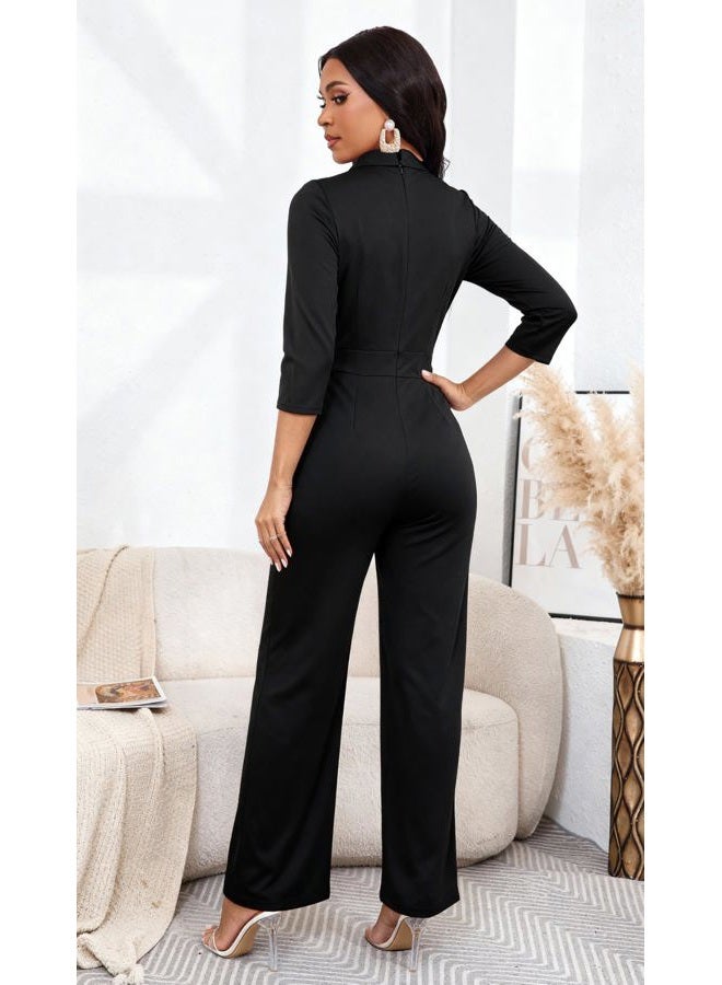Yiershu Jumpsuits for women Elegant Jumpsuits V Neck 3/4 Sleeve Straight Belted Long Pants Business Suits Set with Pockets, Black, XXL - Image 4