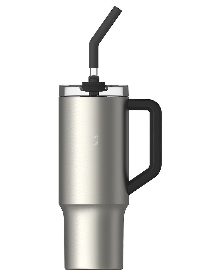 Xiaomi Straw Mug Cup,316L Stainless Steel Thermos Cup with Handle 1L Large Capacity for Sports Car Travel-Grey - Image 1