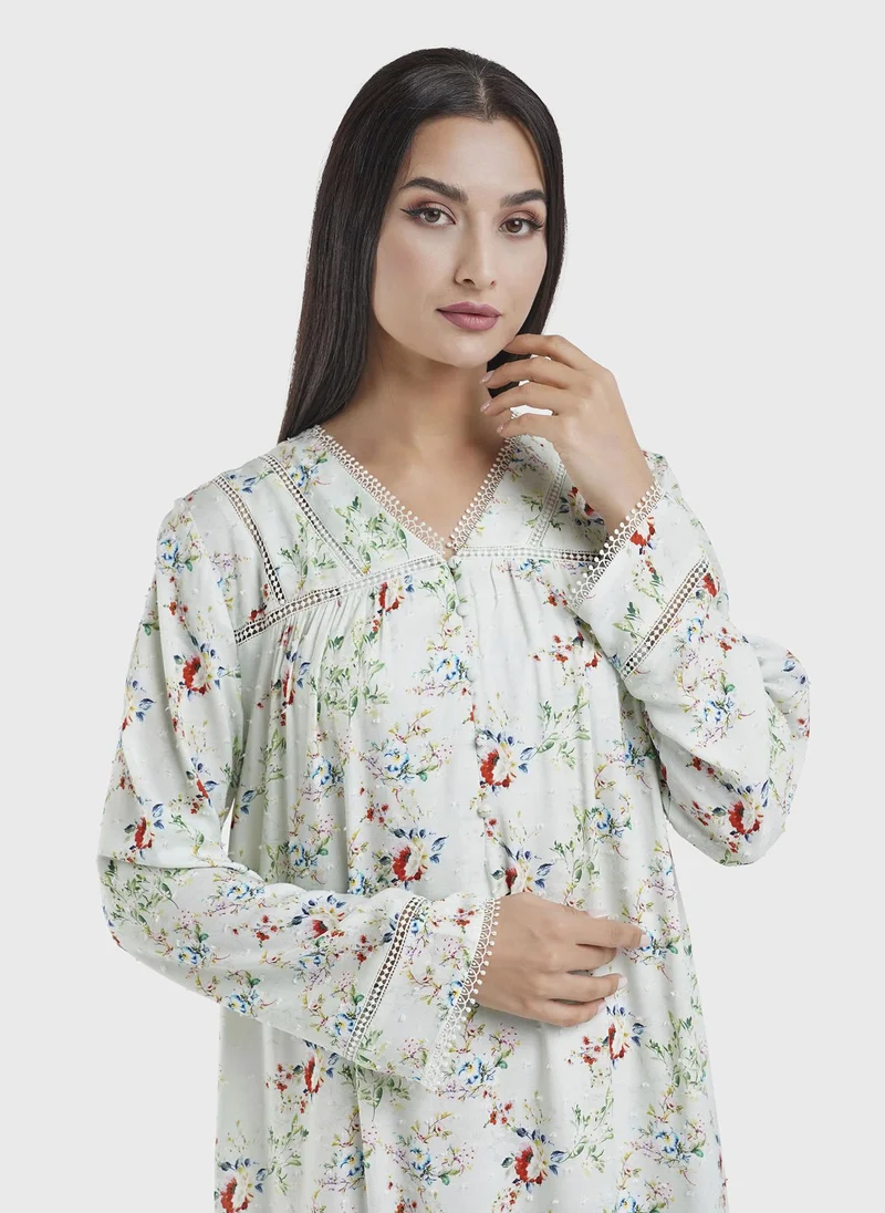 كشخة Mint Green Floral Print Doby Viscose Nightwear Dress (CNH454)