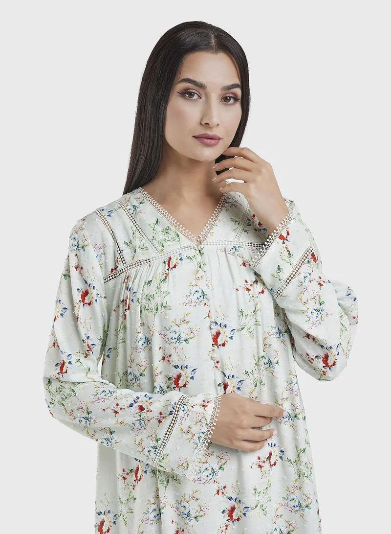 Kashkha Mint Green Floral Print Doby Viscose Nightwear Dress (CNH454)