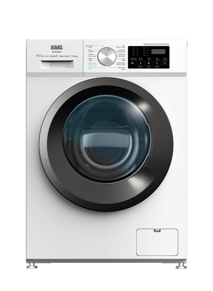 هاس غسالة أوتوماتيك انفرتر، تحميل أمامي، سعة 6 كجم، 12 برنامج غسيل، بخار، أبيض – موديل HWF60SW - Image 1