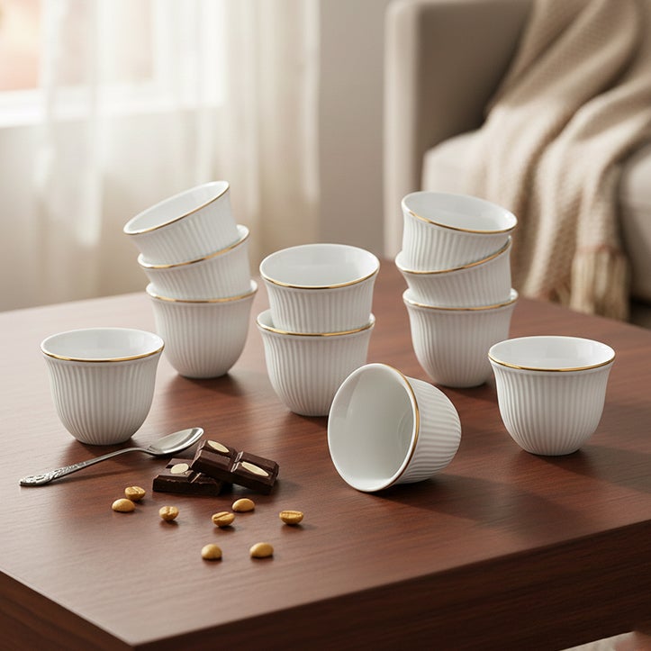 Shallow أكواب قهوة بورسلين أبيض شالو CAWA مع حافة ذهبية 12 قطعة، 90 مل أكواب قهوة عربية وقهوة إسبريسو | أكواب شاي بيضاء أنيقة لشهر رمضان، عيد، ديوالي، برنش - Image 2