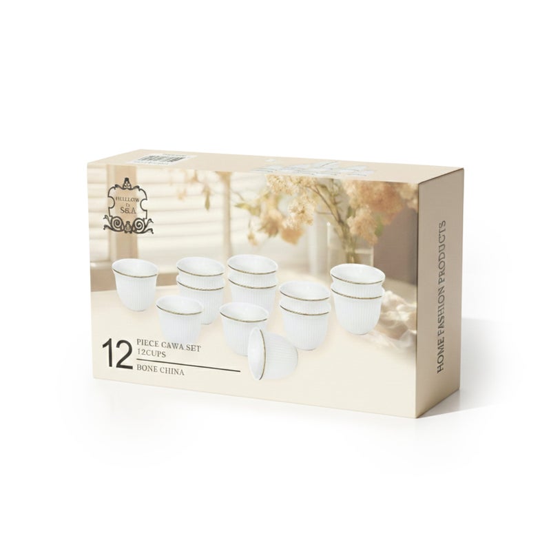 Shallow أكواب قهوة بورسلين أبيض شالو CAWA مع حافة ذهبية 12 قطعة، 90 مل أكواب قهوة عربية وقهوة إسبريسو | أكواب شاي بيضاء أنيقة لشهر رمضان، عيد، ديوالي، برنش - Image 5