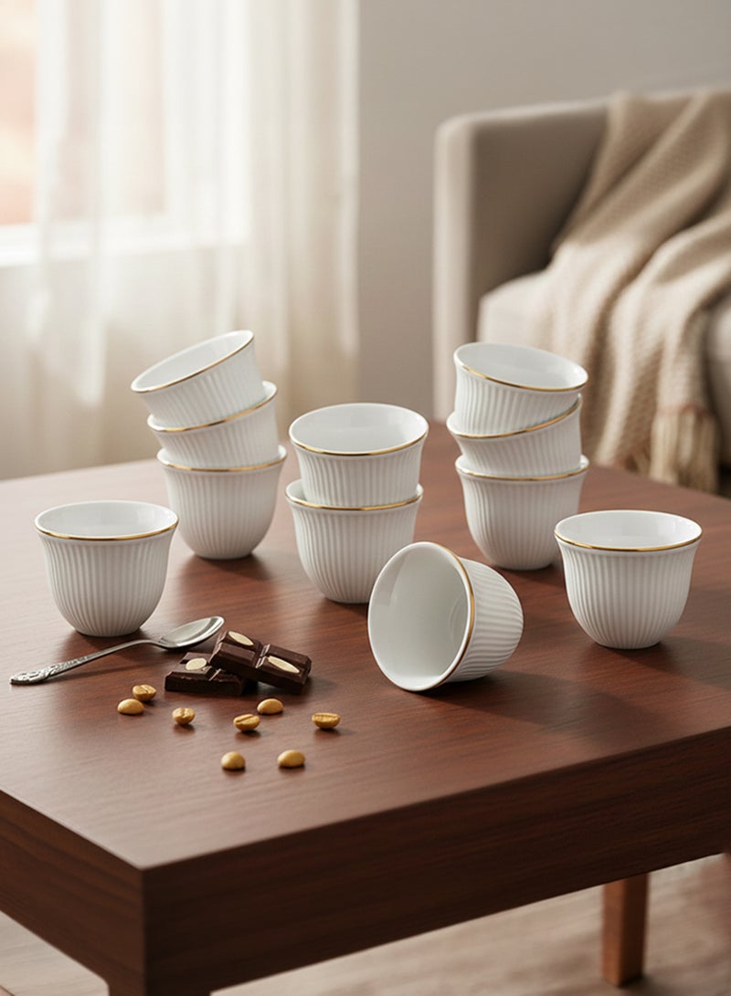 Shallow CAWA White Porcelain & Bone ChinaCoffee Cups with Gold Rim – 12 PCS, 90ml Arabic Gahwa & Espresso Cups | Elegant White Tea Cups for Ramadan, Eid, Diwali, Brunch - Image 4