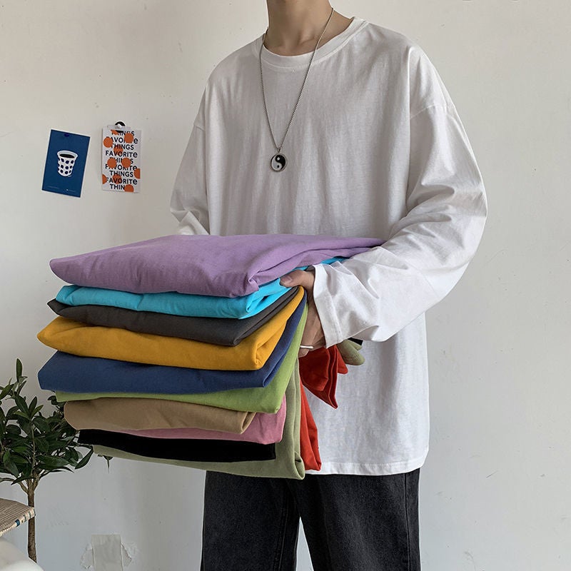 Spring and Autumn Hong Kong Style Ins Solid Color Simple T-Shirt for Men, Korean Version Trendy Loose Versatile Base Shirt, Comfortable and Versatile for Men - Image 2