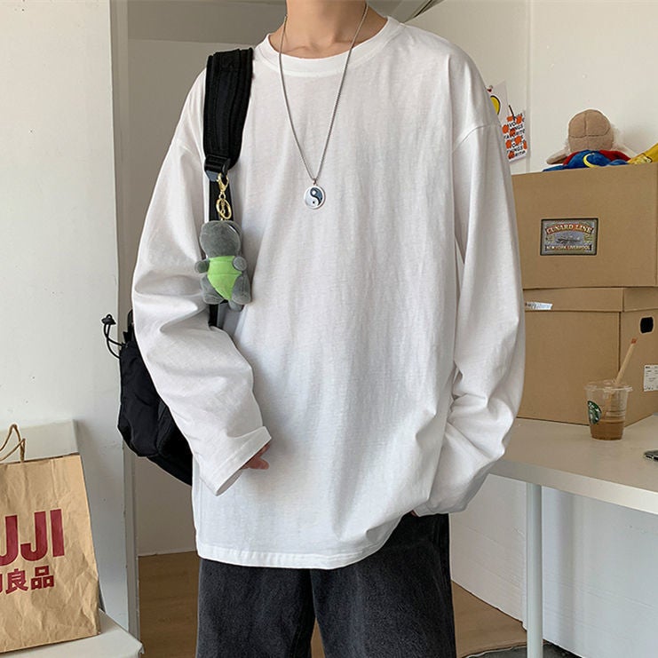 Spring and Autumn Hong Kong Style Ins Solid Color Simple T-Shirt for Men, Korean Version Trendy Loose Versatile Base Shirt, Comfortable and Versatile for Men - Image 4