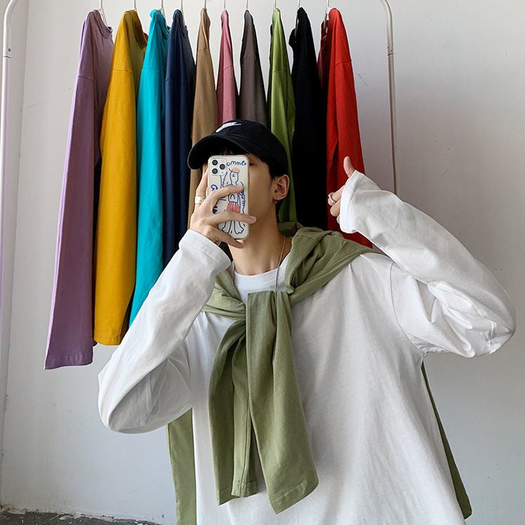 Spring and Autumn Hong Kong Style Ins Solid Color Simple T-Shirt for Men, Korean Version Trendy Loose Versatile Base Shirt, Comfortable and Versatile for Men - Image 3