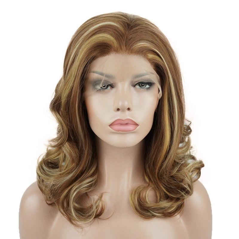 Lushy Lushy Medium Length 16inch Three Tone Blonde Mix Wig Heat Resistant Heavy Density Realistic Synthetic Lace Front Wig 