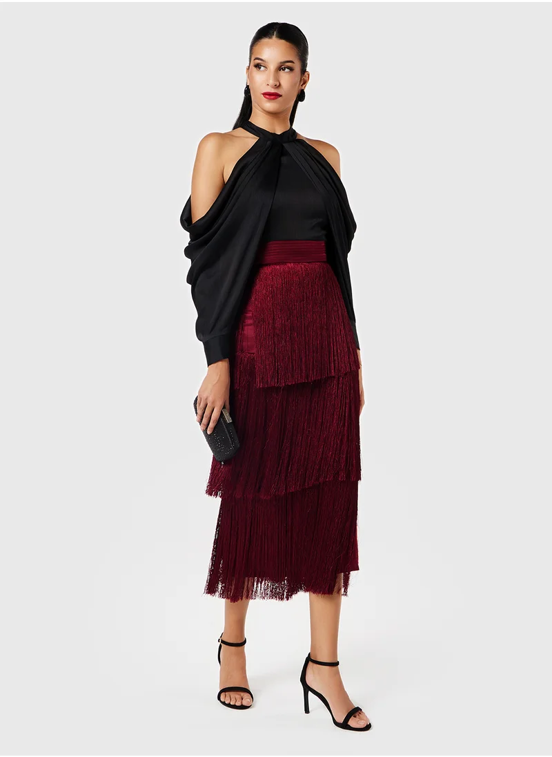Threadz by Ajooni Off Shoulder Fringe Skirt Dress