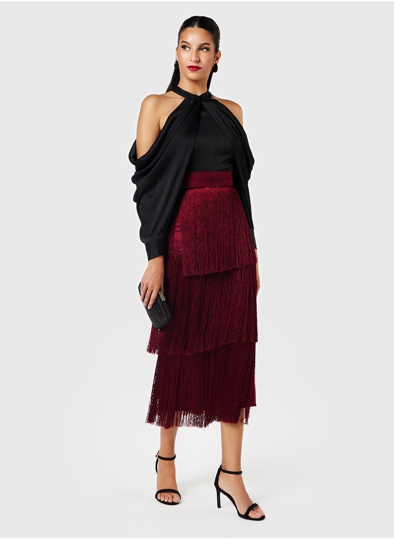 Threadz by Ajooni - Off Shoulder Fringe Skirt Dress - Image 1